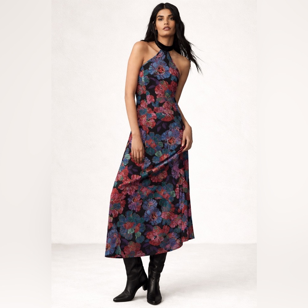 NWT FARM Rio Floral Velvet Neckline Halter Dress S Dark Romantic Whimsygoth